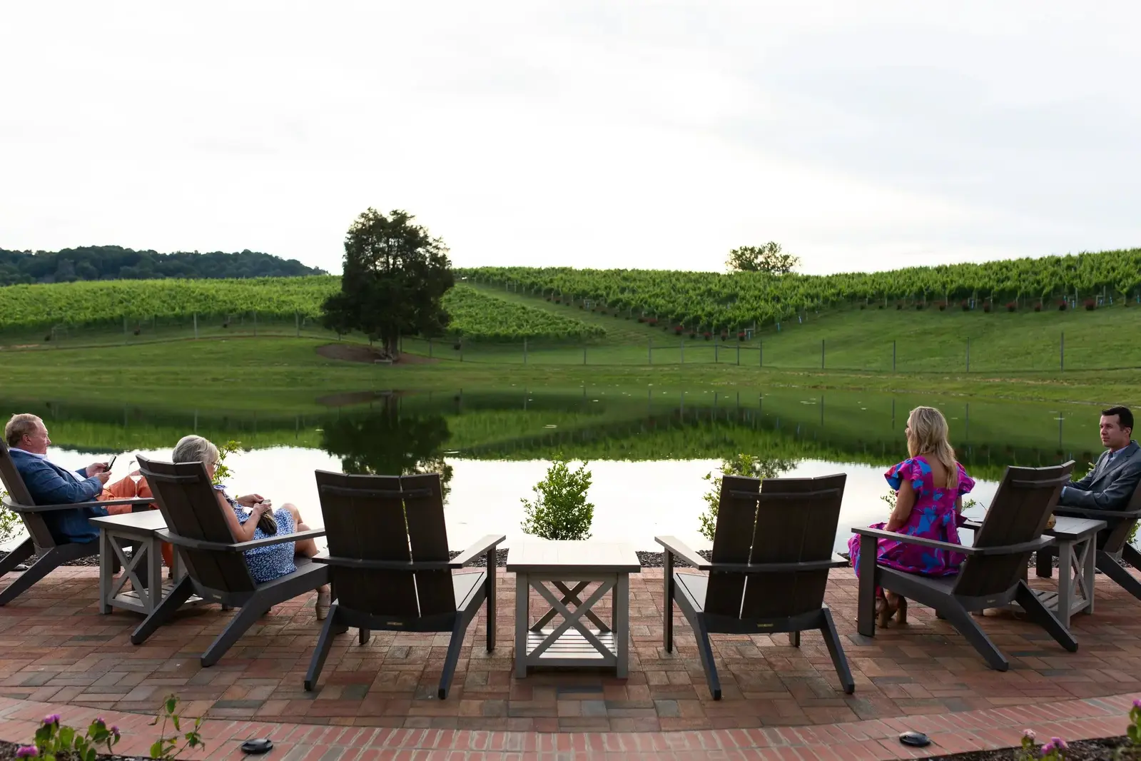 outdoor seating around pond
