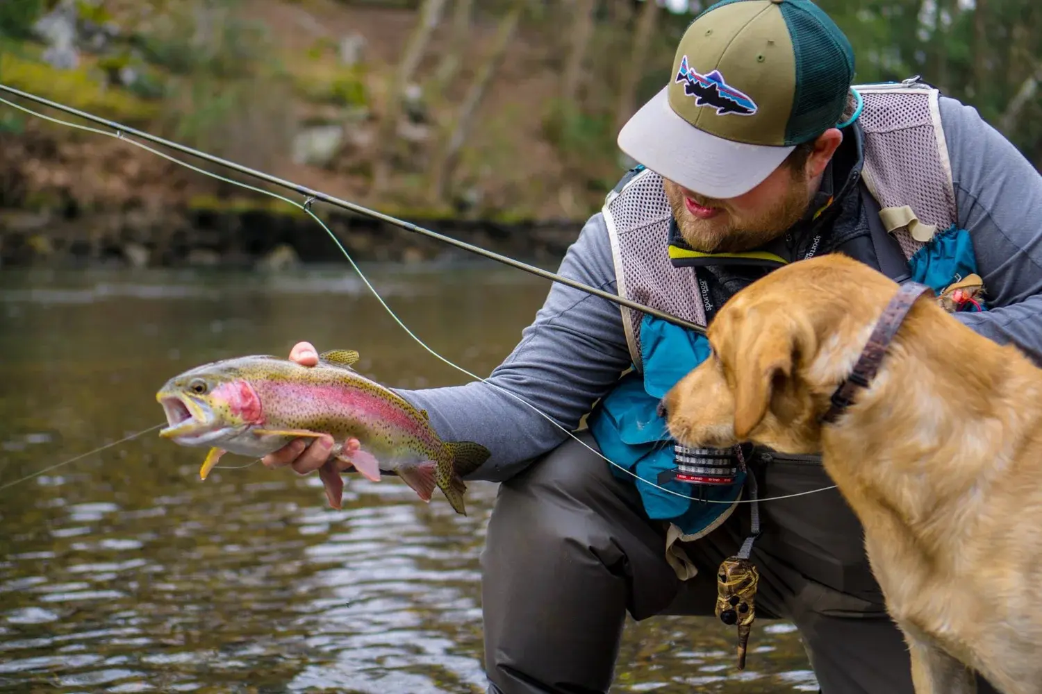 man fly fishing with dog