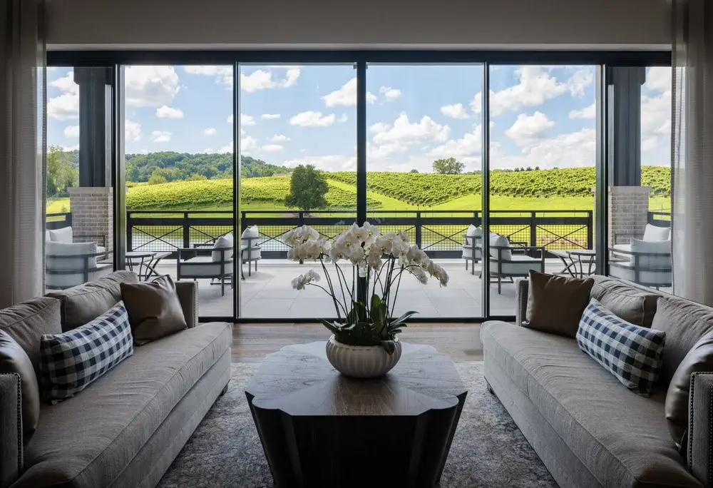 lobby seating with view of vineyard